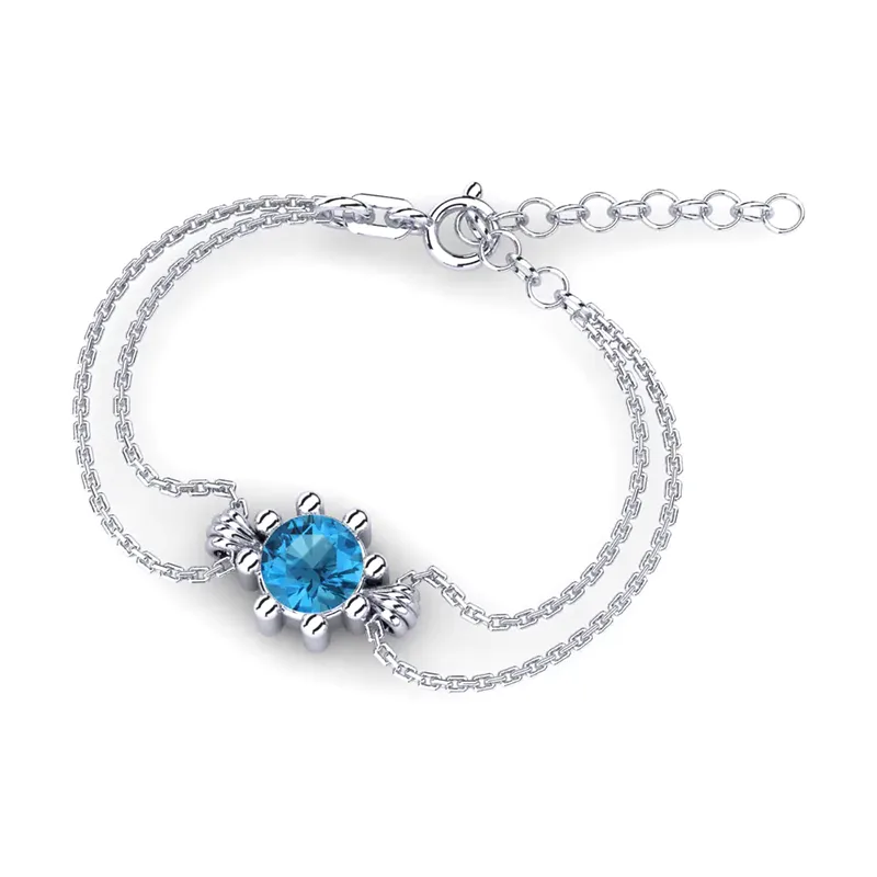 Round cut Swiss Blue Topaz solitaire bracelet on gold chain