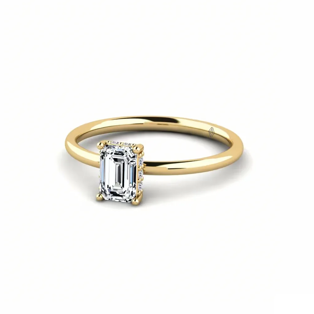 Emerald cut diamond ring with round diamond halo