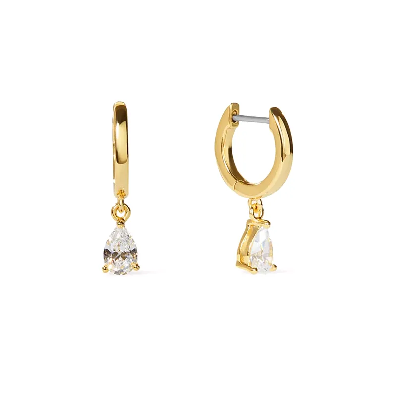 Gold huggie hoop earrings with pear shaped diamond charm